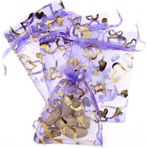 15*20cm 100pcs Purple Gold Heart Gift Bags For Jewelry/wedding/christmas/birthday Yarn Bag With Handles Packaging Organza Bags