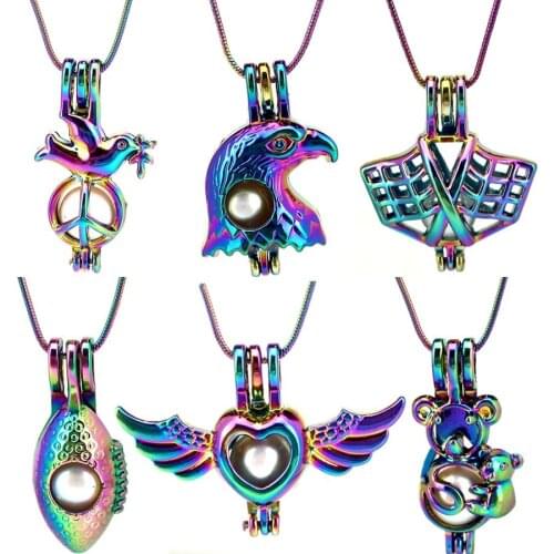 Rainbow Beads Cage Angel Eagle Flag Peace Bird Pendant Perfume Diffuser Pearl Cage Locket Stainless 22'' Snake Chain Necklace