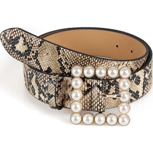 Pearl Buckle Belts Ladies Fashion New Snake Printed Streetwear Korean Style All-match 105cm High Quality PU Accessories Belts