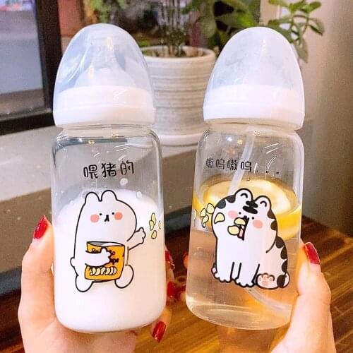 Cute Cartoon Glass Water Bottle With Straw Creative Pacifier Bottle for Girl Adult Children Milk Glass Cup Baby Feeding Bottles