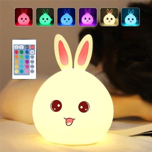 Firya Cute Cartoon Rabbit LED Night Light Remote Touch Sensor Colorful USB Silicone Bunny Bedside Lamp For Children Kids Baby