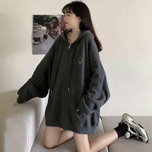 Retro Zip Up Hooded Sweatshirts Womens Fashion Spring Autumn Clothes Loose Hoodies Korean Long Sleeve Casual Oversized Pullover