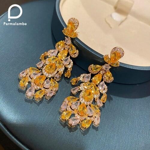 Vintage Long Tassel Chandelier Drop Dangle Bridal Wedding Earrings for Ladies Sparkling CZ Lemon Yellow Crystal Jewelry PE0004