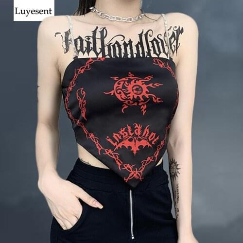 Goth Woman Sexy Chinese Style Camis 2021 Lady Big Backless Cool Print Short Length Bellyband Punk Gothic Chain Strap Hipster Top