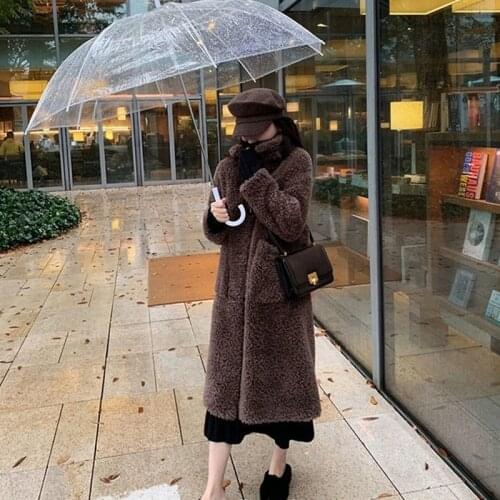 Women 2021 Winter New Fashion Mid-long Sheep Shearing Coats Female Real Lamb Fur Outwear Ladies Solid Color Slim Jackets X66