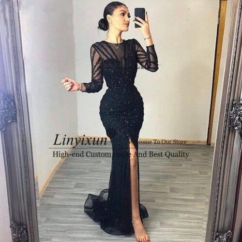 Sexy Mermaid Evening Dresses Long Luxury 2021 Prom Dresses Dubai Side Split Long Sleeve Beading Sequined Formal Evening Gowns
