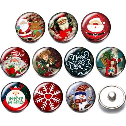 10pcs/lot Christmas Series Santa Claus Pattern Mixed Round Glass 18mm Snap Button For 20mm Snap Bracelet Charms Snap Jewelry