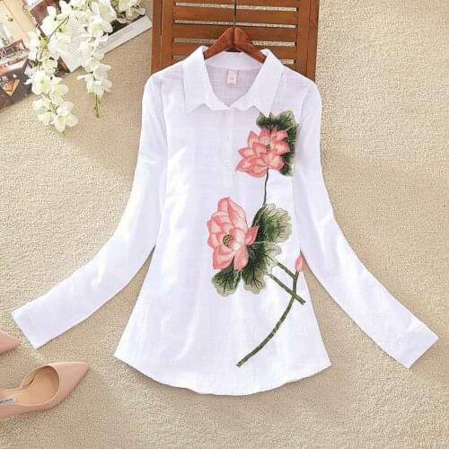 2021 Female Autumn Loose Plus Size Tops Women Casual Long Sleeve Floral Embroidery Blouse Ladies Cotton Linen Long Shirts Q510