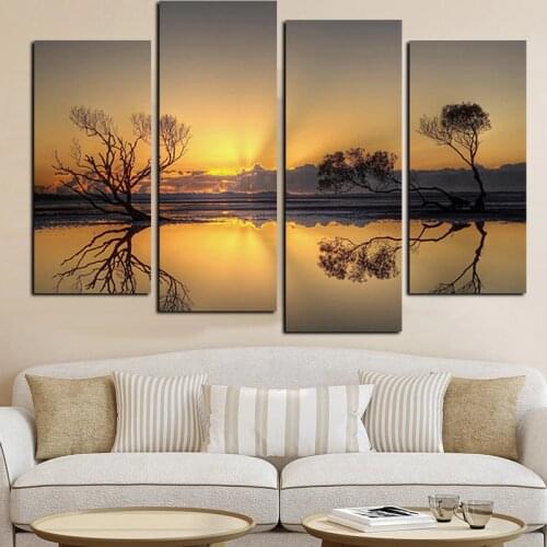 4Panel HD Print Sunset Reflection in the Lake Gold Landscape Oil Painting on Canvas Art Modern Modular Pictures for Living Room