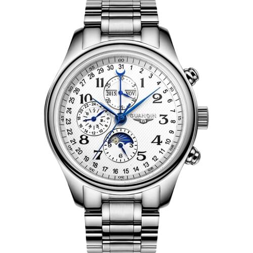 Guanqin GJ16011 Mechanical Watches Mens Top Brand Luxury Date Week Moon Phase Leather Waterproof Automatic Watch Clock