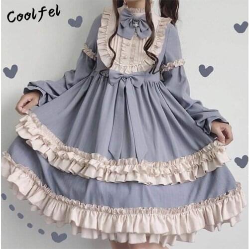 COOLFEL 2021 Japanese Vintage Lolita Cosplay Dress Layered Ruffles Bow Maid Costume Princess Party Dresses