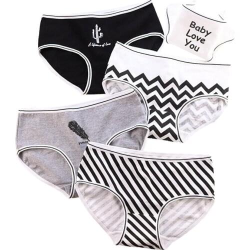 Ins Style Print Seamless Mid Waist Panties Cotton Girls Stripe Underwear Plus Size Breathable Women Briefs Letter Lingerie Sexy