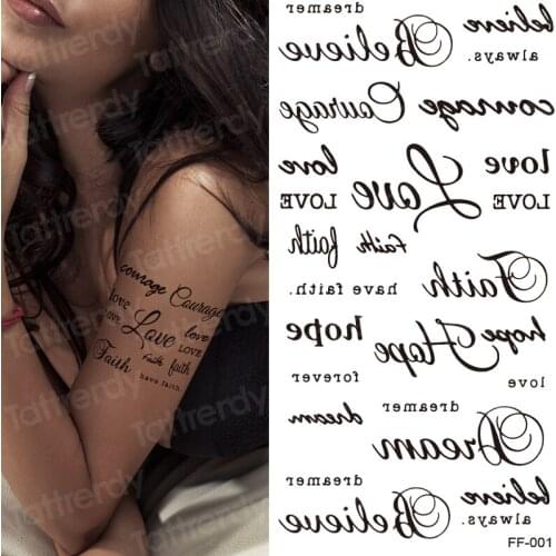 Fake tattoo for woman girls sexy tattoo pattern letters english words men hand arm sleeve tatoo fake black waterproof sticker