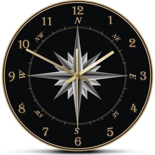 Compass Rose Nautical Home Decor Mariners Compass Wall Clock Windrose Navigation Round Silent Swept Wall Clock Sailors Gift