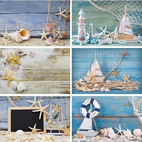 Laeacco Wooden Board Shell Sailboat Starfish Baby Child Portrait Scene Photography Background Photography Photo Studio Backdrop