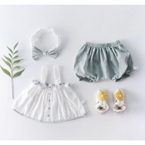 Summer Toddler Kids 3Pcs Clothes Baby Girls Strap T-shirt Tops+Green Ruffle Shorts+Headband Cute 3pcs Set Outfits 0-3 Years
