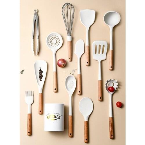 Best Cooking Utensil Set Wooden Handle Spatula Soup Spoon Brush Ladle Pasta Colander Non-stick Cookware Kitchen Tools