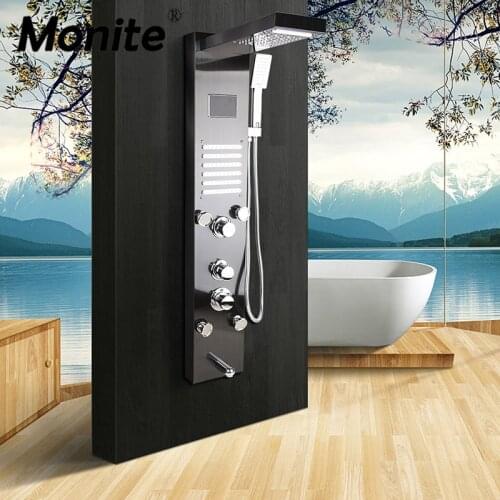 Monite Dark Grey Nickel Brushed Digital Display Shower Panel Column LED Rain Waterfall Shower Spa Jets Bath Shower Mixer Faucet