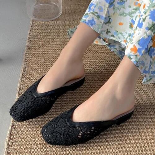 Knitted hollow out square toe mules slippers women breathable closed toe slides non-slip comfy outwear flats flip flops