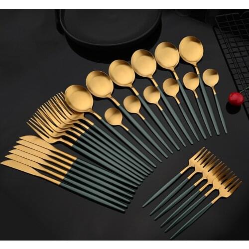 6/30Pcs Matte Green Gold Cutlery Set Flatware Stainless Steel Dinnerware Kitchen Silverware Knife Spoon Cake Fork Tableware Set