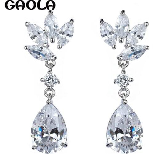 2015 New Romantic silver plated Leaf Shape with Top Quality AAA CZ Dangle Earrings For Woman GLE4512