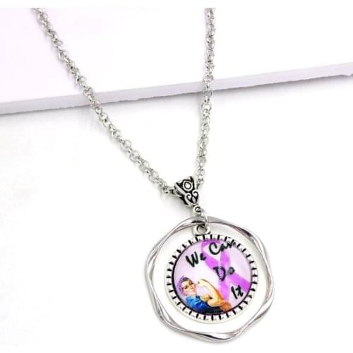 New Arrival Breast Cancer Awareness Necklace We Can Do It Pink Ribbon Breast Cancer Pendant Necklace Cancer Cabochon Jewelry