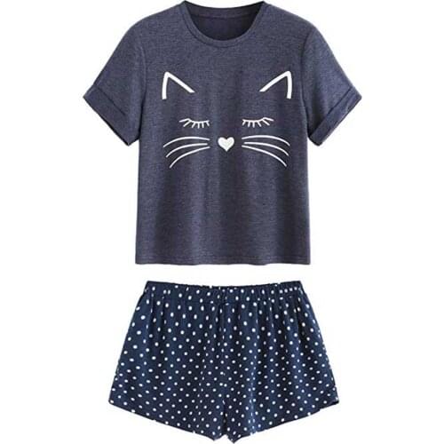 Pyjamas women sexy 2020 Casual Cat Print Shorts Short Sleeve pajamas Suit Sleepwear Shirts And Tops Nightwear Set vetement femme