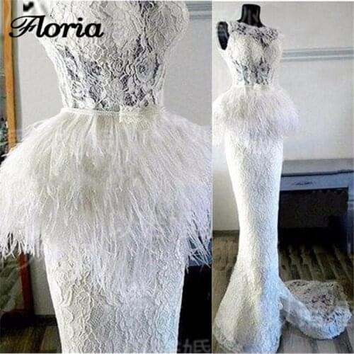 Luxury White Feathers Evening Dresses 2018 Aibye Muslim Sleeve Formal Prom Dress Turkish Lace Mermaid Party Gowns Robe de soiree