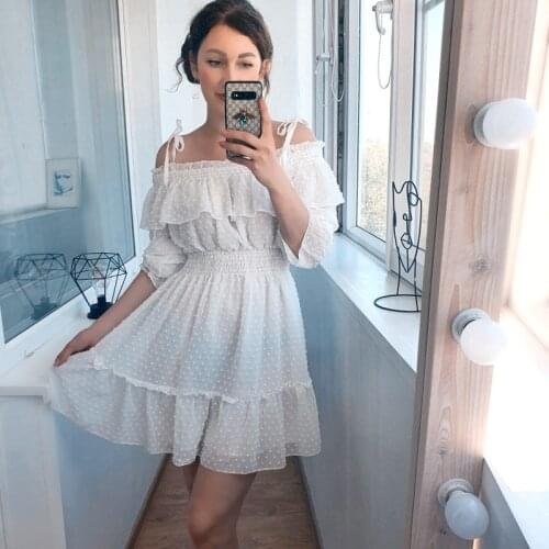 2021 Summer New Sweet 100-wood Eared Lotus Leaf Side Chiffon Horn Sleeve Sling Dress