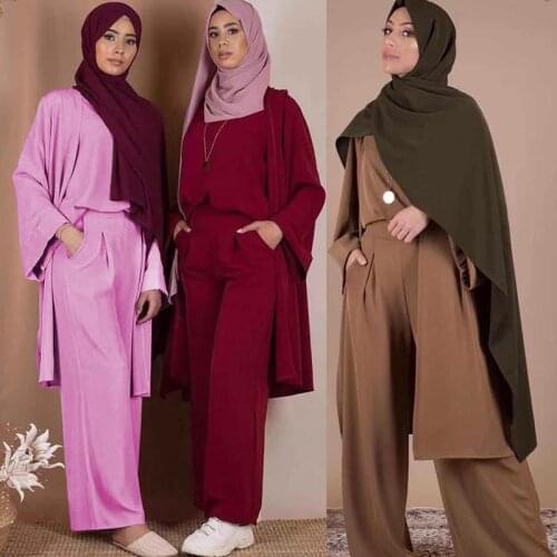 Three-piece Abaya Turkish Kimono Tops Pants Muslim Dress Abayas Hijab Robe Dubai Caftan Kaftan Islam Clothing For Women Djellaba