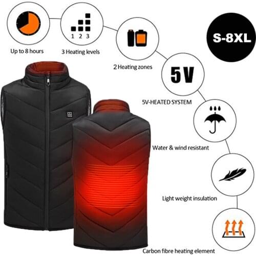 USB Electric Heated Vest Hot Sale Multifunction Winter Heating Waistcoat Super Warm Clothing Outdoor Camping Hiking Jacket Black