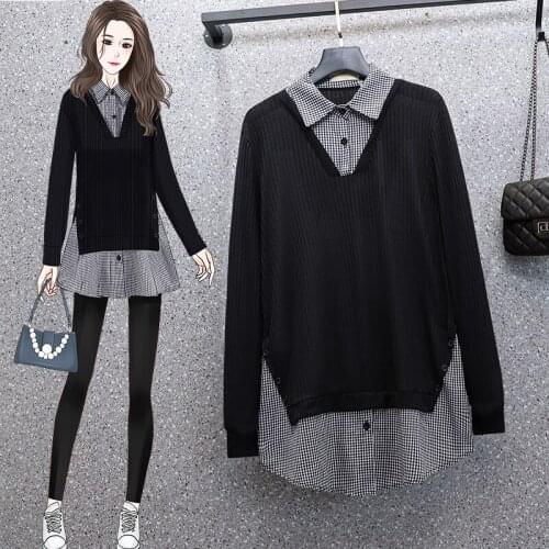 Black Plaid Stitch Knitted Long Sleeved Plus Size Korean Autumn Elegant Fashion Blouses And Tops WomenS Oversize Shirt Clothing