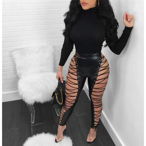 Hirigin Hollow Out Lace Up Sexy Pencil Pants Women High Waist Bandage Leggings Club Party PU Faux Leather Pants Female