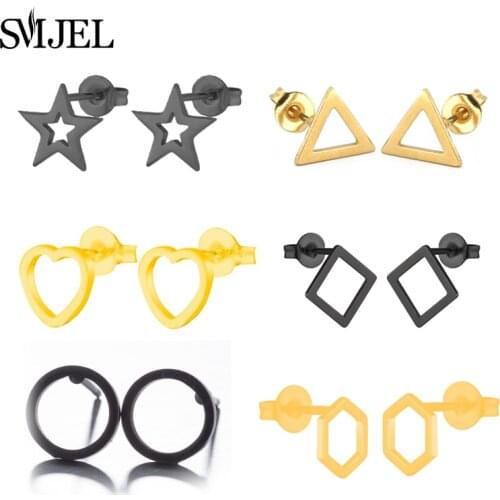 SMJEL Geometric Stainless Steel Studs Small Star Circle kpop Earrings for Women boucle d'oreille Men Earrings Black Wholesale