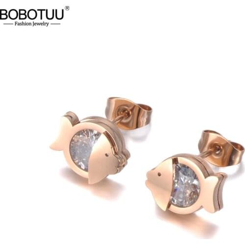 BOBOTUU New Titanium Stainless Steel Cute/Romantic Small Fish Earrings CZ Crystal Animals Earrings Jewelry For Women BE19159