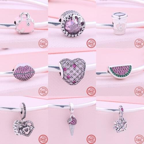 925 Sterling Silver Ice Cream Suitcase Cup Pink Zircon Charm Beads Fit Original Pandora Bracelet Women DIY Jewelry Free Shipping