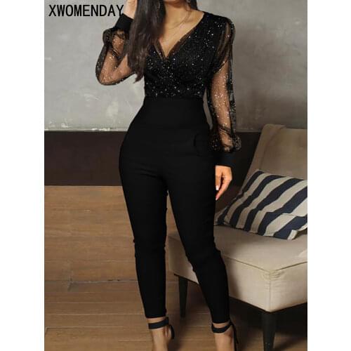 Rompers Womens Jumpsuit Black Elegant Sequins Mesh Glitter Party Night Sexy 2021 Spring Long Pants One Piece Clothes Overalls