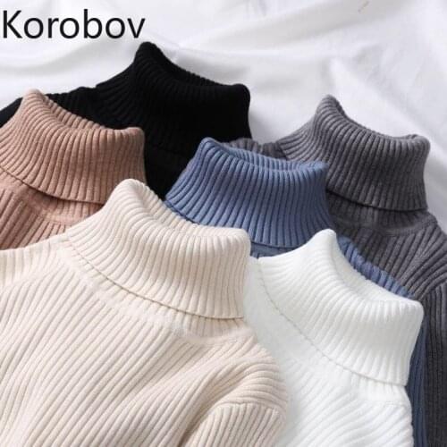 Korobov Women Korean Sweater Turtleneck Basic Slim Elastics Pullovers 2019 New Solid Knitted Runway Sweaters Sueter Mujer 78580
