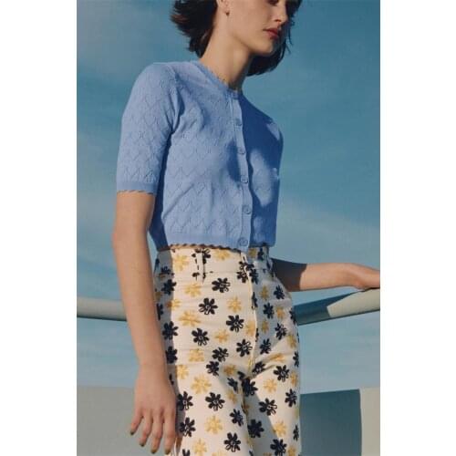 Spring ZA Women knitted Sweater 2021 Striped Half Sleeve Loose Vintage Single-Breasted Short Sweater V-neck Tops Lady Outwear