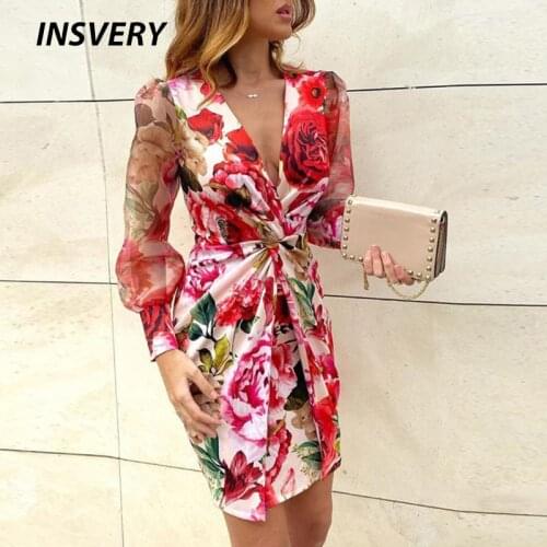 Mesh Floral Print Dress Women Long Sleeve Deep V Neck Sexy Short Dress 2021 Bodycon Party Dresses For Women Elegant Streetwear