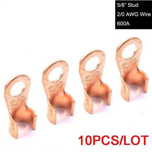 10PCS Heavy Duty Copper Battery Cable Terminal Lugs Terminal End Kit Upto 2/0AWG Wire 5/8" Stud Ring 600A for Vehicle Boat Solar