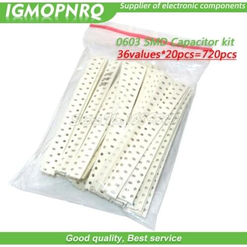 36values*20pcs=720pcs 0603 SMD Capacitor assorted kit 1pF-10uF component diy samples kit 1PF 4.7PF 8PF 680PF 1NF 10UF