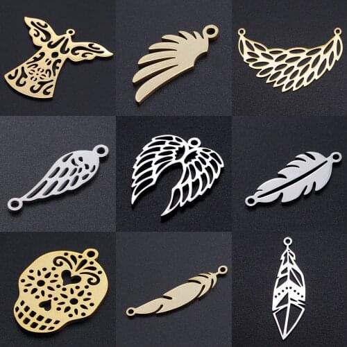 5pcs/lot Angel Wing DIY Charms Wholesale 100% Stainless Steel Feather Connectors Charm Angels Hamsa Hand Skull Jewelry Pendant