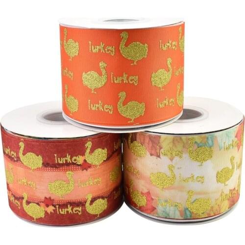 50yards 75mm Gold glitter Turkey Grosgrain Ribbon Thanksgiving Day For DIY Accessories Welcome Custom printed