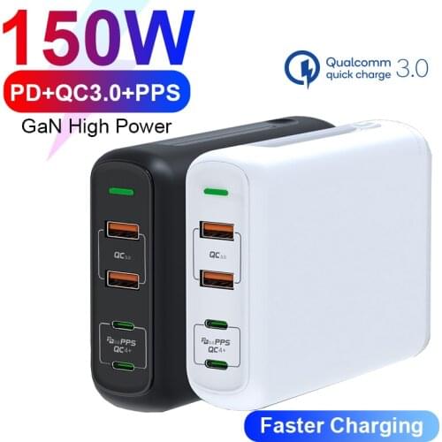 150W GaN Adapter PD QC 4.0 3.0 Quick Charger with Dual Type C 100W PPS Fast Charging Power Adapter For Laptops, iPhone Samsung