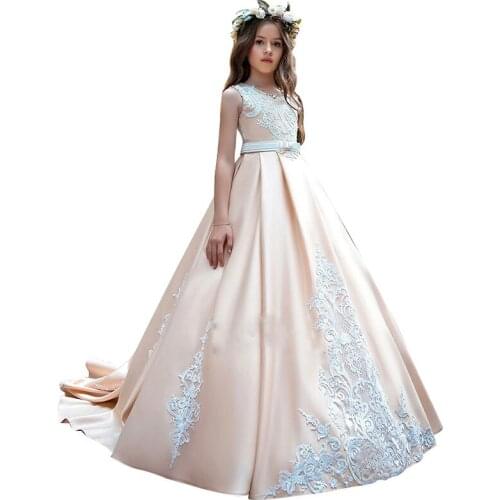 Ball gown dress for girls floor length little girls lace dresses applique first communion dress fancy party dresses for girls