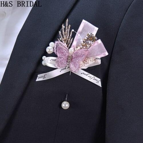 Butterfly Wedding Prom Corsage Ceremony Flower Gold Brooch Wedding Boutonnieres Groom Groomsmen Buttonhole Flowers Boutonniere