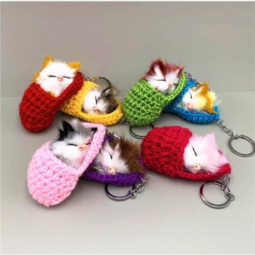 Cute Sleeping pompom Cat Keychain Slippers Cat Plush Bag Pendant Car Key Chain Simulation Animal Valentines Day Gift wholesale