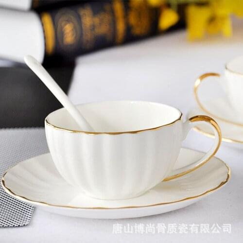 Cross-Border Supply Bone Porcelain Pure White Gold Inlaid Coffee Set Ceramic Water Cup Pumpkin Cup Tea Cup Set