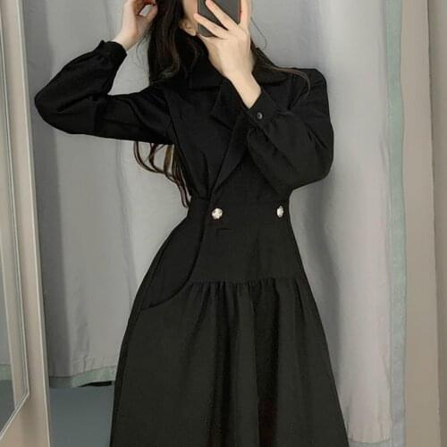 Black Vintage Dress Women Casual Elegant Slim Dress Office Lady Midi Korean Dress Female 2020 Autumn Winter Womens Clothing